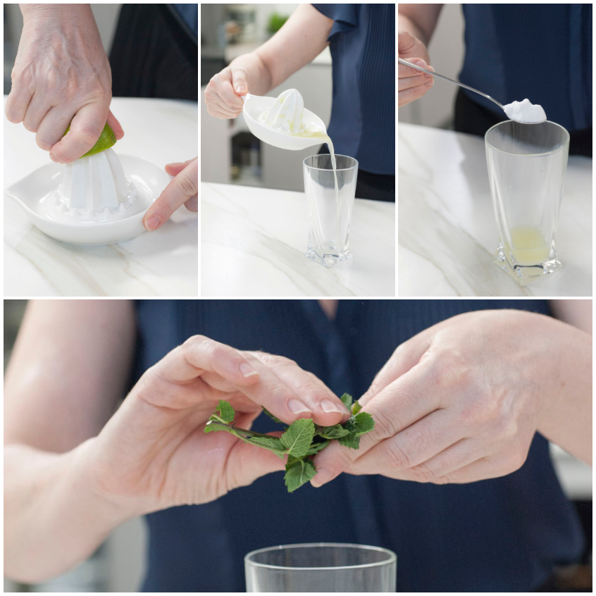 Spremitura del lime, versamento del succo e foglie di menta schiacciate delicatamente per il mojito