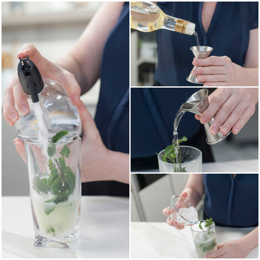 Sequenza di passaggi per preparare il mojito: rum misurato nel jigger, versato nel bicchiere con menta e ghiaccio