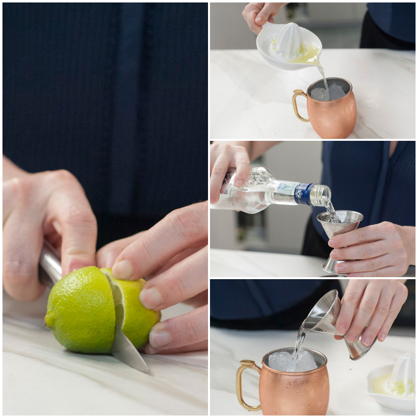 Mani che tagliano un lime, versano succo e vodka nel boccale per preparare un Moscow Mule