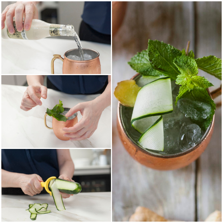 Collage di tre passaggi: si versa la ginger beer, si aggiunge la menta e si affettano nastri di cetriolo con il pelapatate