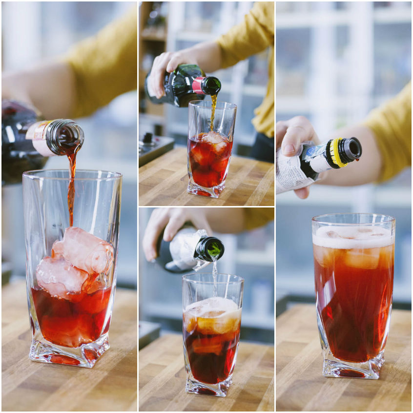 Sequenza di versamento di Campari, vermouth, spumante e ghiaccio per il Negroni Sbagliato