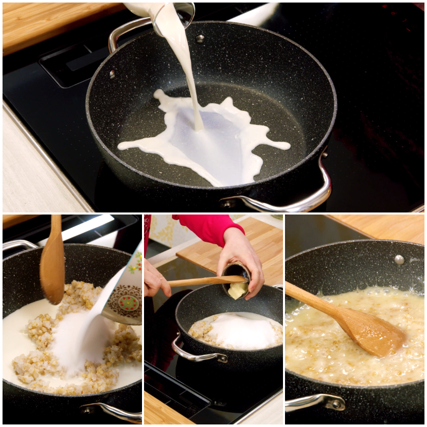 Latte versato in padella con grano cotto, poi zucchero e burro aggiunti e mescolati fino a crema