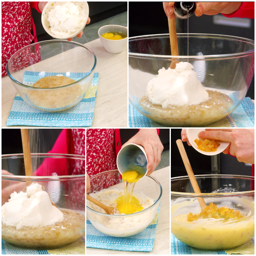 Ricotta, uova e canditi vengono aggiunti alla crema di grano per il ripieno della pastiera