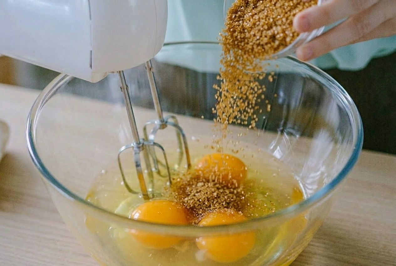 Zucchero di canna versato sulle uova intere prima di montare il composto con le fruste elettriche