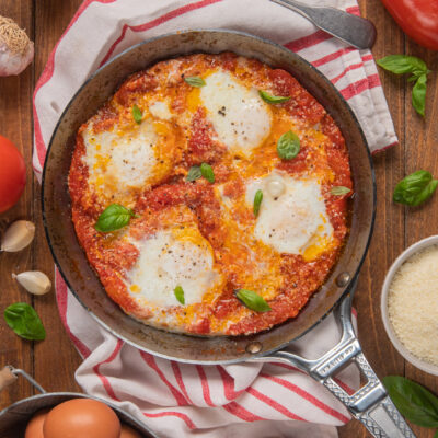 Uova in purgatorio in padella con salsa di pomodoro, albumi cotti e foglie di basilico fresco