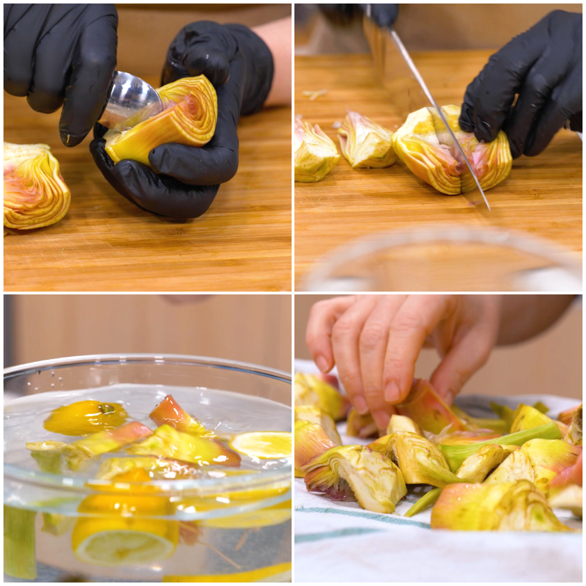 Carciofi puliti, tagliati a quarti e immersi in acqua acidulata con limone, poi asciugati
