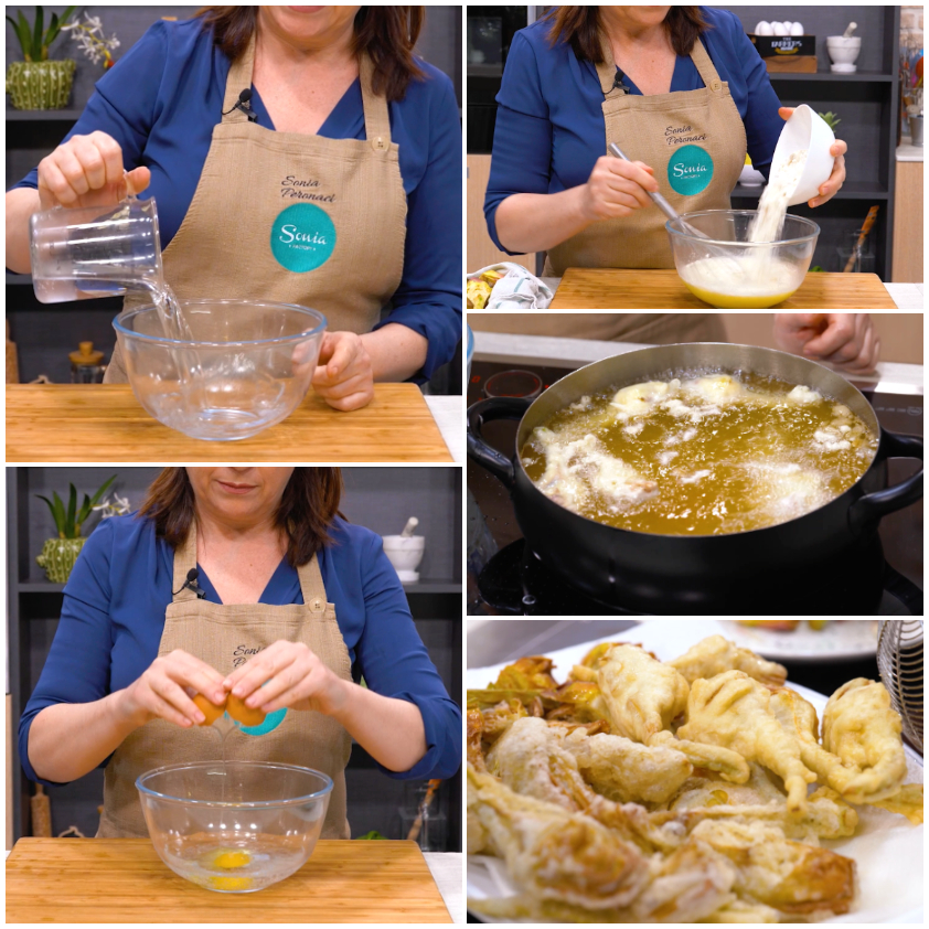 Pastella con uovo e farina versata, carciofi in frittura e pronti dorati su carta assorbente
