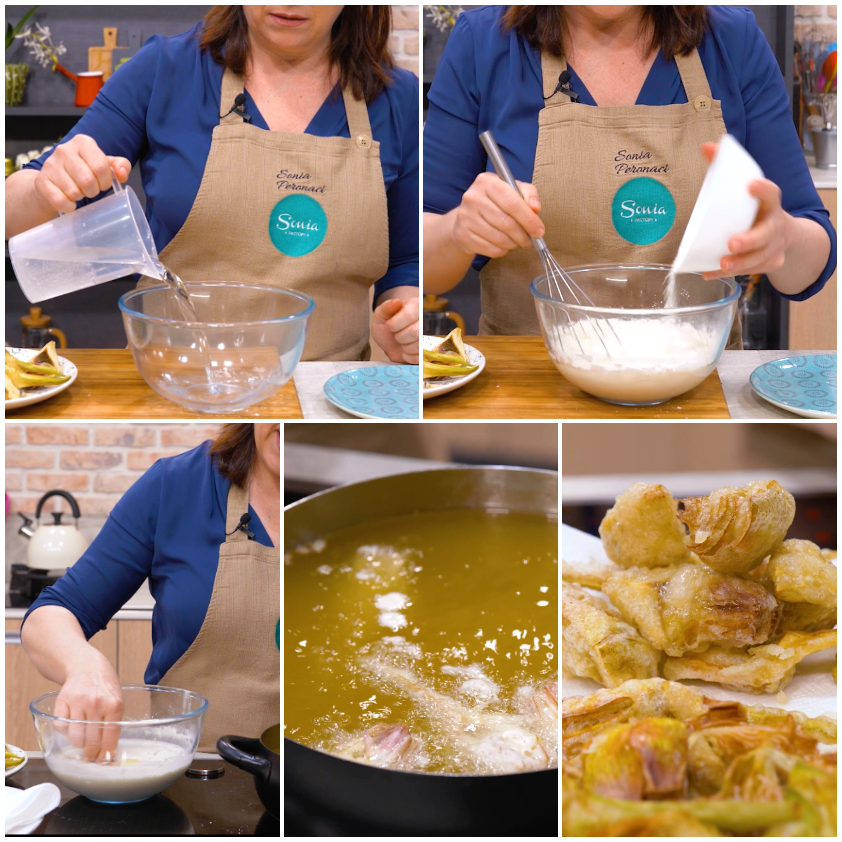 Pastella liquida preparata con acqua e farina, carciofi immersi e fritti in olio bollente