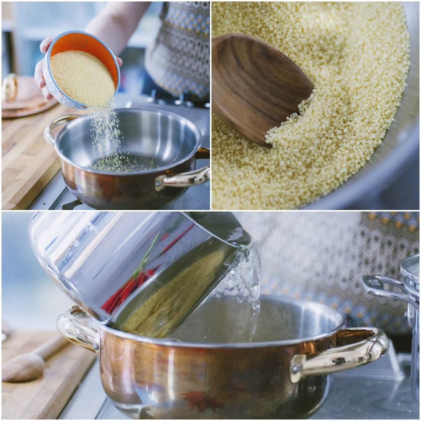 Couscous versato in pentola e tostato a secco con cucchiaio di legno, poi acqua calda aggiunta tutta in una volta