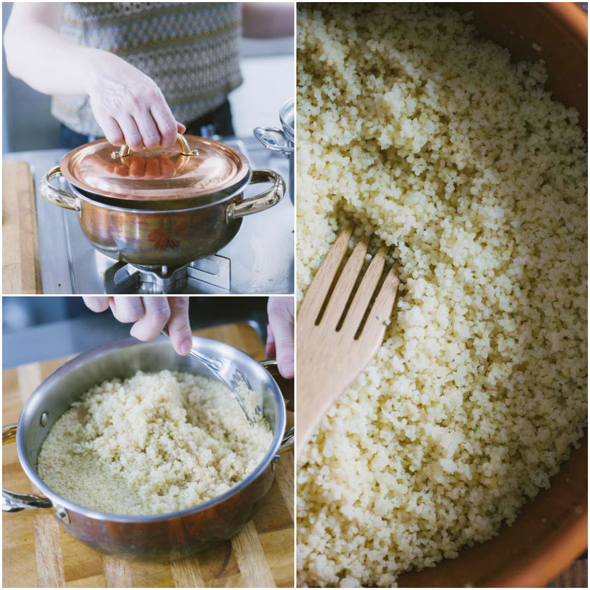 Couscous sgranato con una forchetta di legno dopo la cottura a vapore