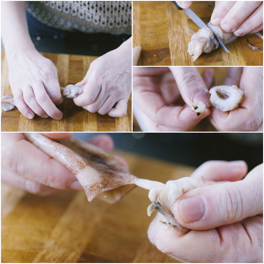 Pulizia del totano: separazione della testa, taglio sopra gli occhi e rimozione del dente dai tentacoli