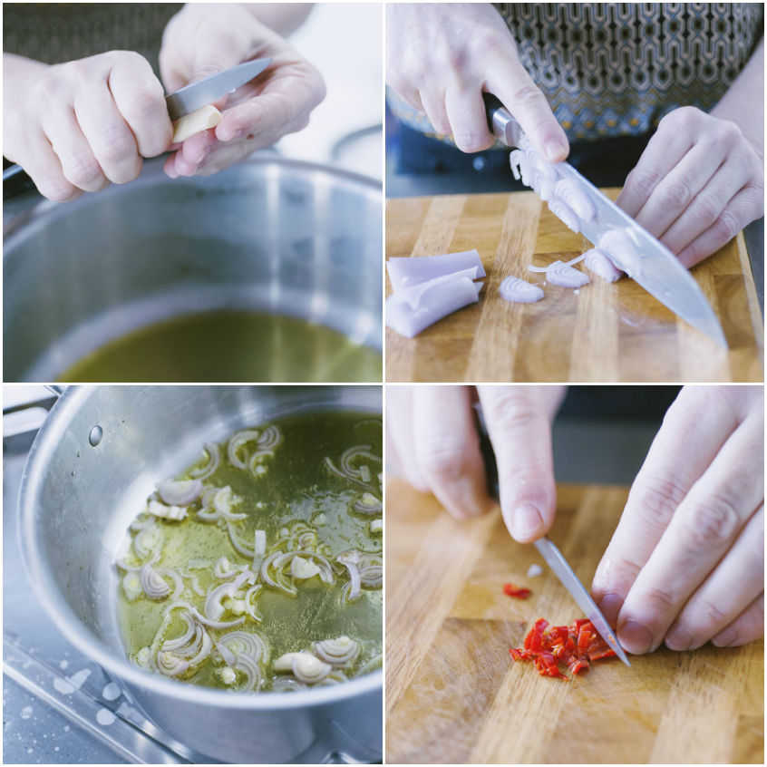 Scalogno affettato, aglio e peperoncino tritati soffriggono in olio in un tegame