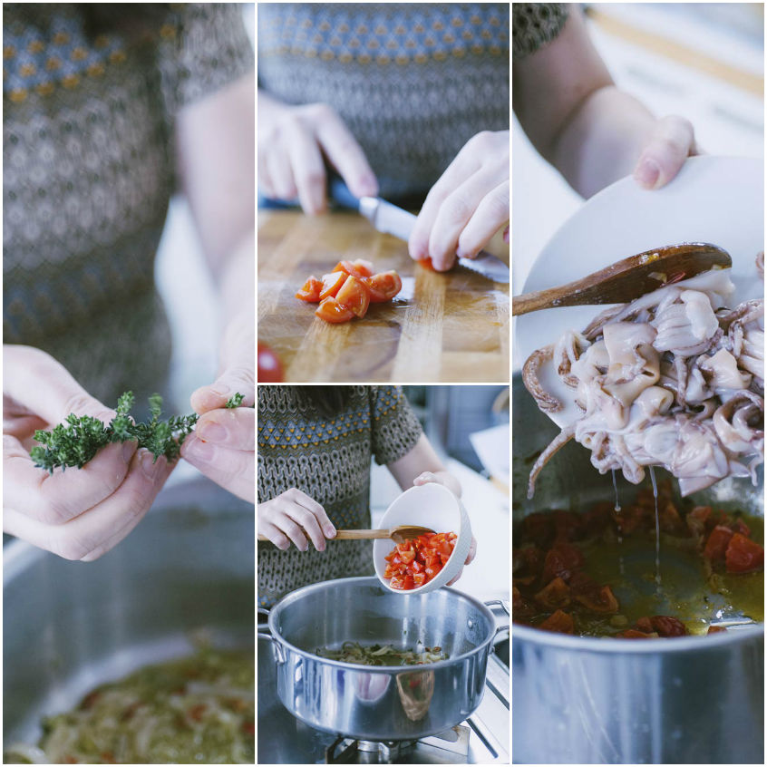 Preparazione del cous cous di pesce: timo fresco, pomodorini a dadini e totani aggiunti in pentola