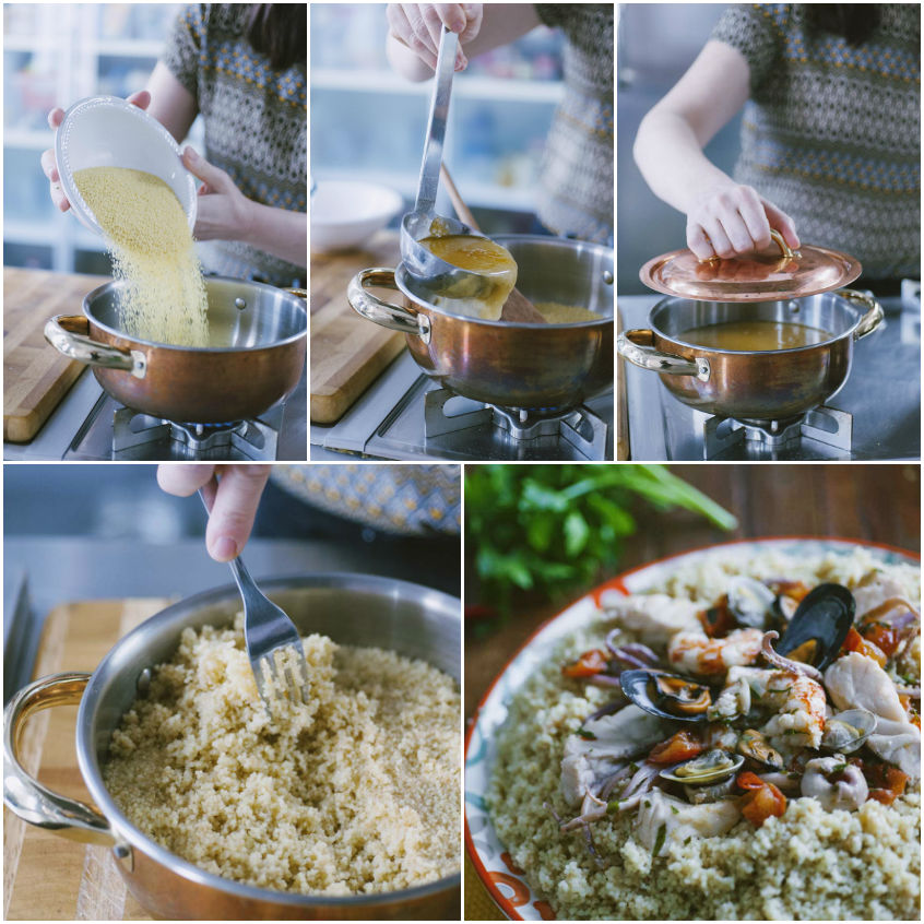 Collage di preparazione: couscous versato in pentola, bagnato con fumetto caldo, coperto e sgranato a forchetta, poi impiattato con frutti di mare