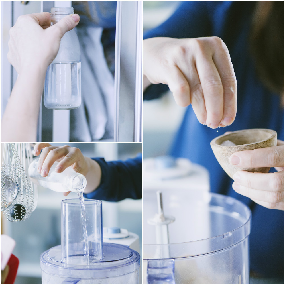 Acqua ghiacciata e sale versati nel mixer per completare l'impasto della pasta brisée
