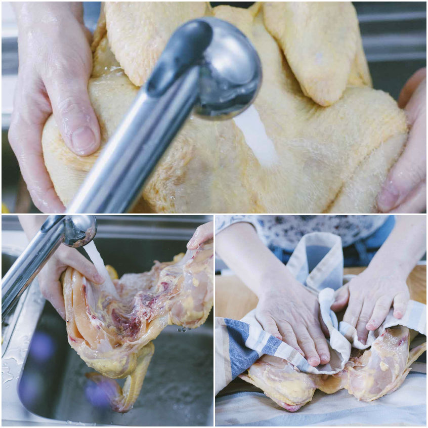 Pollo alla diavola sciacquato e tamponato con uno strofinaccio per asciugarlo
