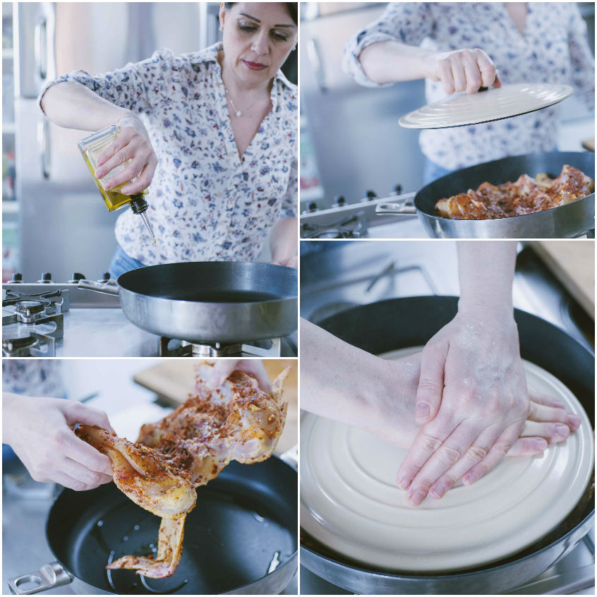 Pollo alla diavola schiacciato in padella con un peso durante la cottura