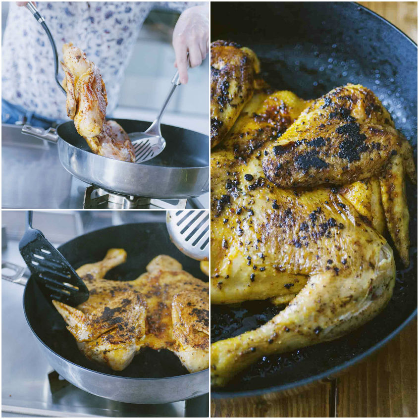 Pollo alla diavola dorato e croccante girato sulla griglia durante la cottura