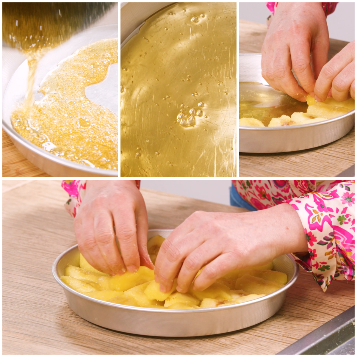 Spicchi di mela disposti a raggiera sul caramello scuro nella teglia per tarte tatin