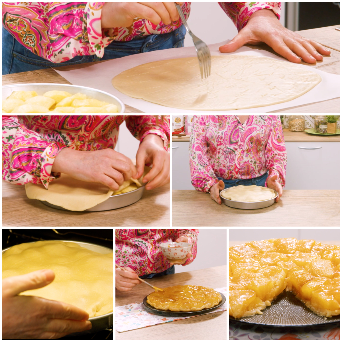 Tarte tatin alle mele capovolta su piatto, lucidata con confettura setacciata