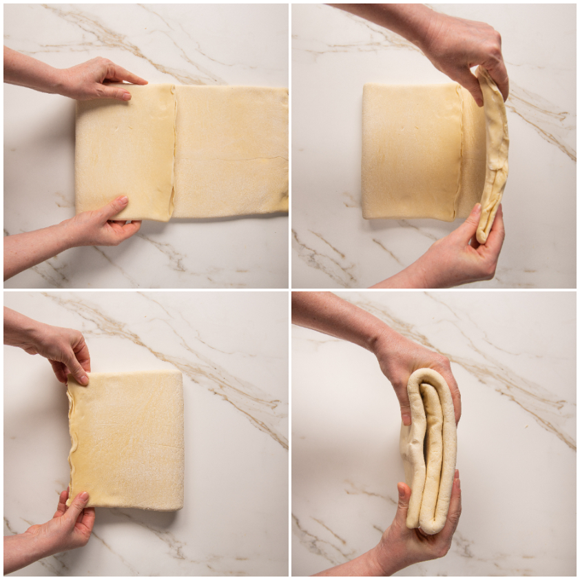 Sequenza di piegatura a tre strati della pasta sfoglia tra le mani