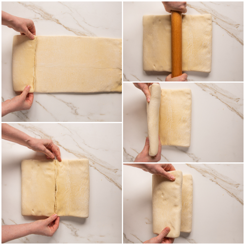 Sequenza di piegatura a quattro della pasta sfoglia con mattarello e mani