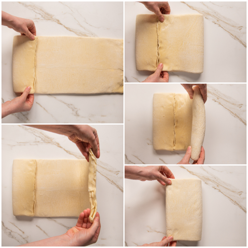 Mani che piegano la pasta sfoglia a libro in quattro strati sovrapposti