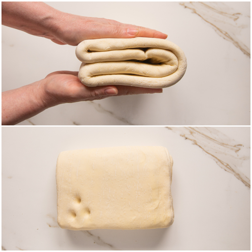 Mano che tiene la pasta sfoglia piegata a strati, poi il panetto compatto visto dall'alto