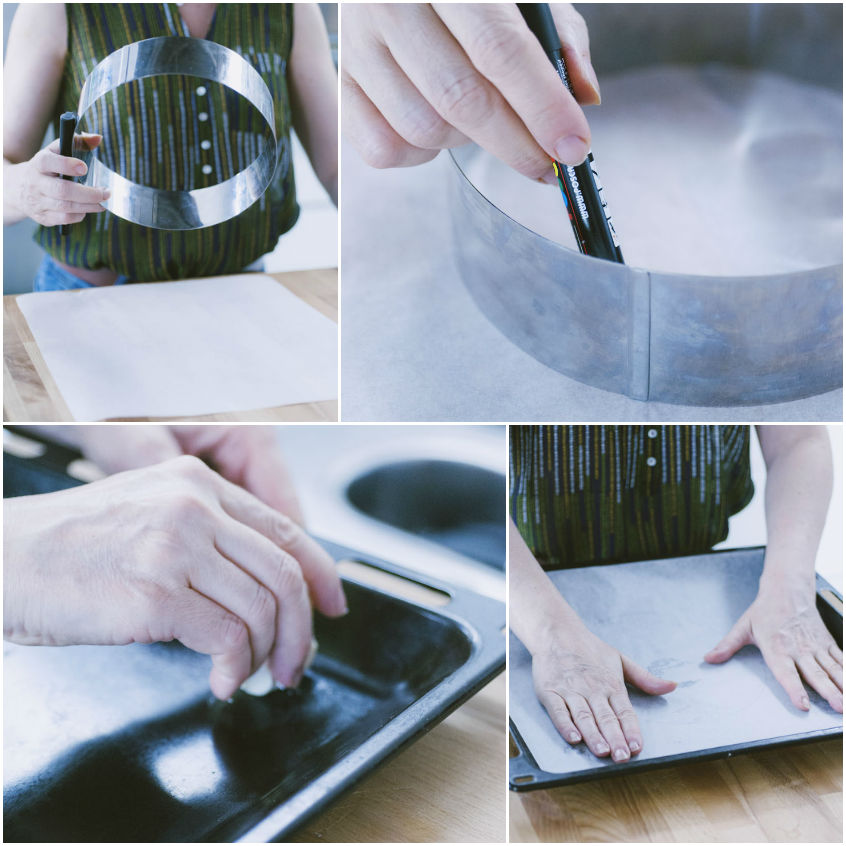 Mani che preparano la teglia con carta forno e coppapasta per la pavlova