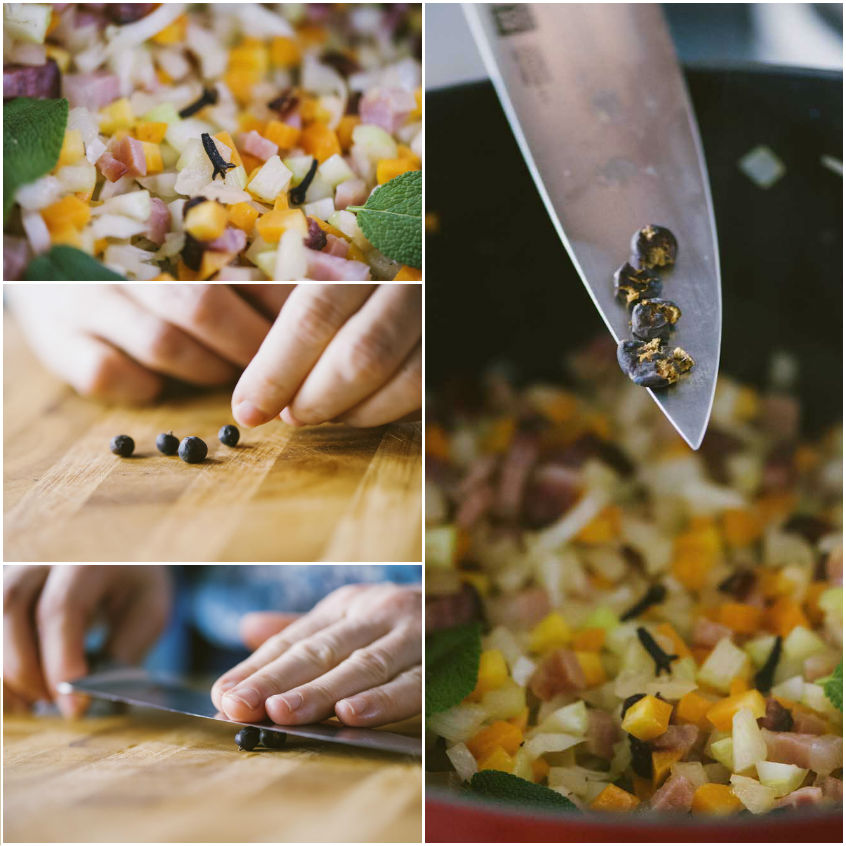 Bacche di ginepro schiacciate con il coltello e aggiunte al soffritto con verdure e pancetta