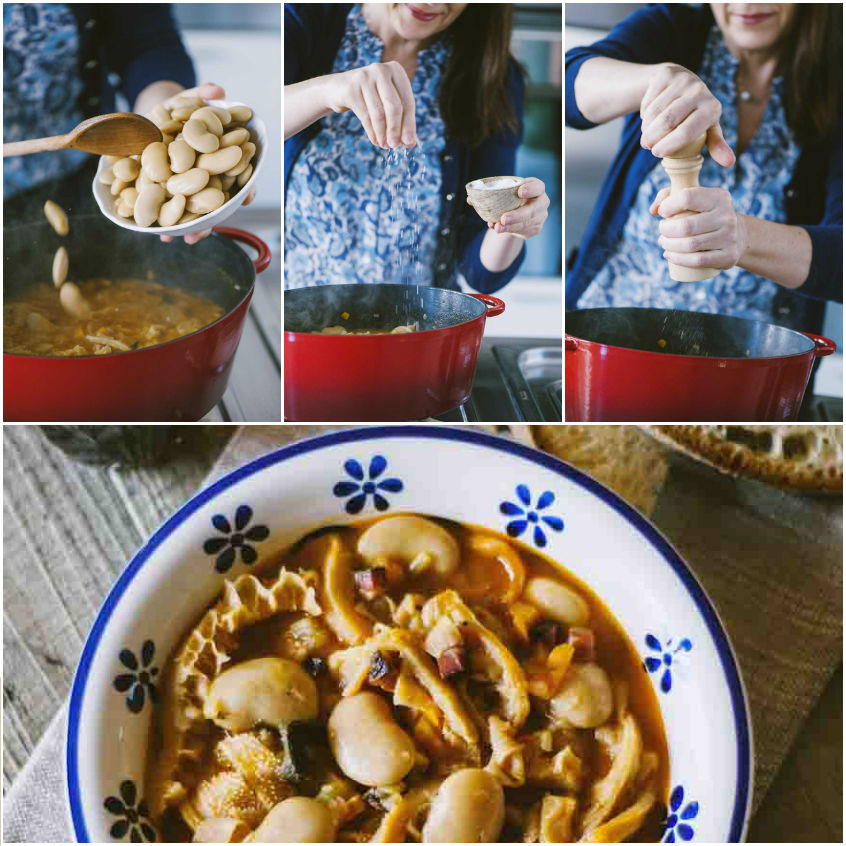 Fagioli bianchi di Spagna versati nella trippa in cottura, poi sale e pepe macinato al momento