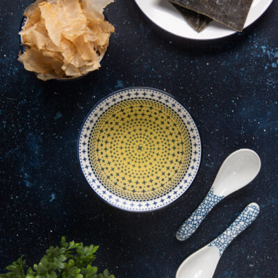 Ingredienti per il dashi con alghe kombu, fiocchi di katsuobushi e brodo dorato in ciotola