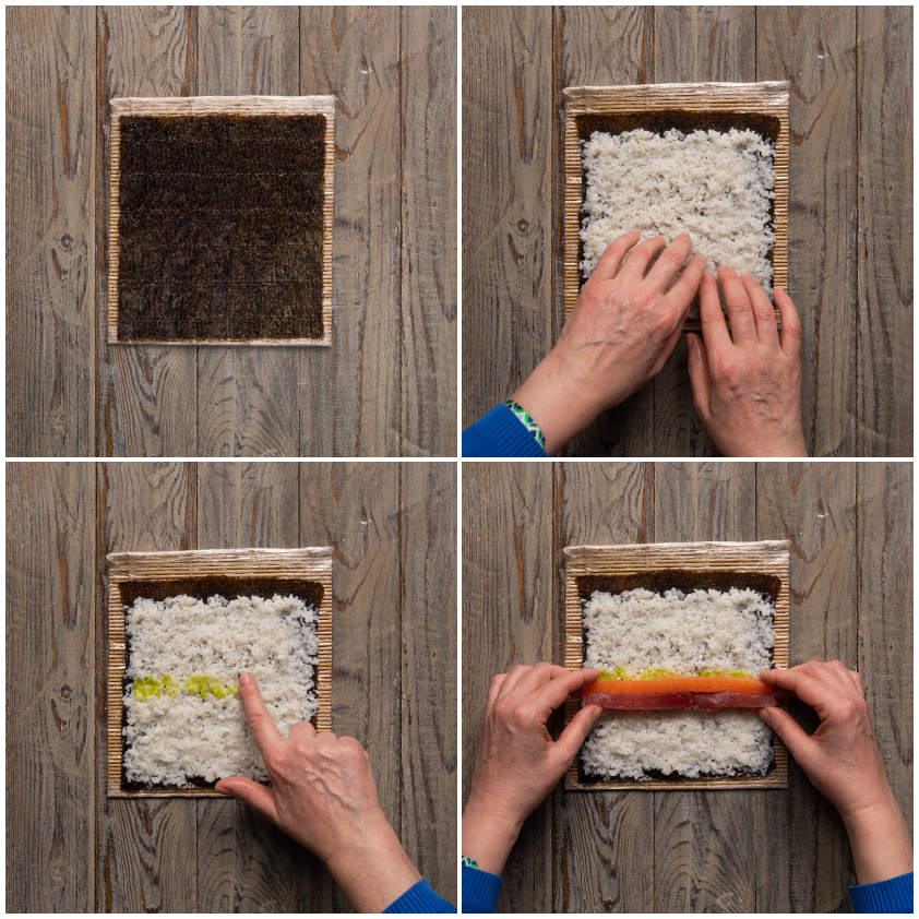 Sequenza di preparazione del futomaki: alga nori sul makisu, stesura del riso con le mani, wasabi e salmone posizionati sul riso