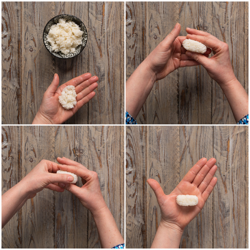 Mani che modellano il riso in una polpettina ovale per il nigiri