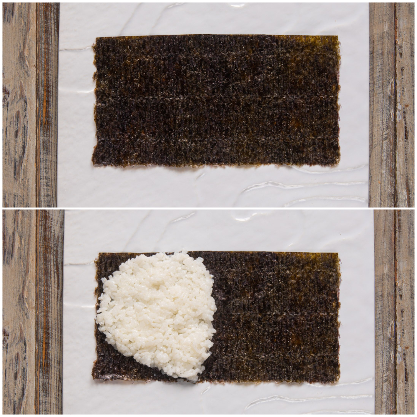 Foglio di alga nori con riso distribuito sulla metà sinistra, pronto per formare il temaki