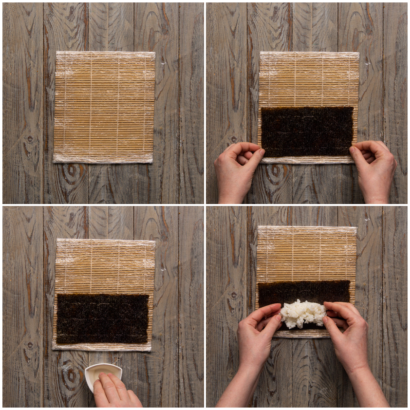 Preparazione dell'uramaki con alga nori sul makisu e riso adagiato con le mani inumidite