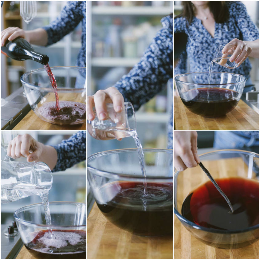 Vino rosso, acqua frizzante e Porto versati in una ciotola, con una bacca di vaniglia in infusione