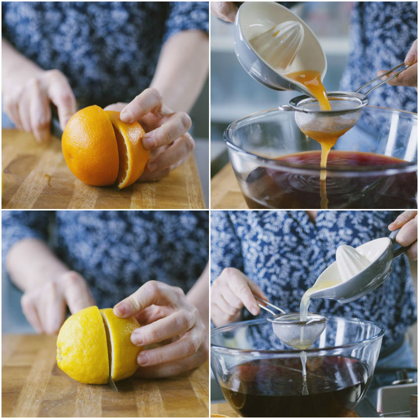 Succo di arancia e limone filtrato e versato nella ciotola con gli altri ingredienti della sangria