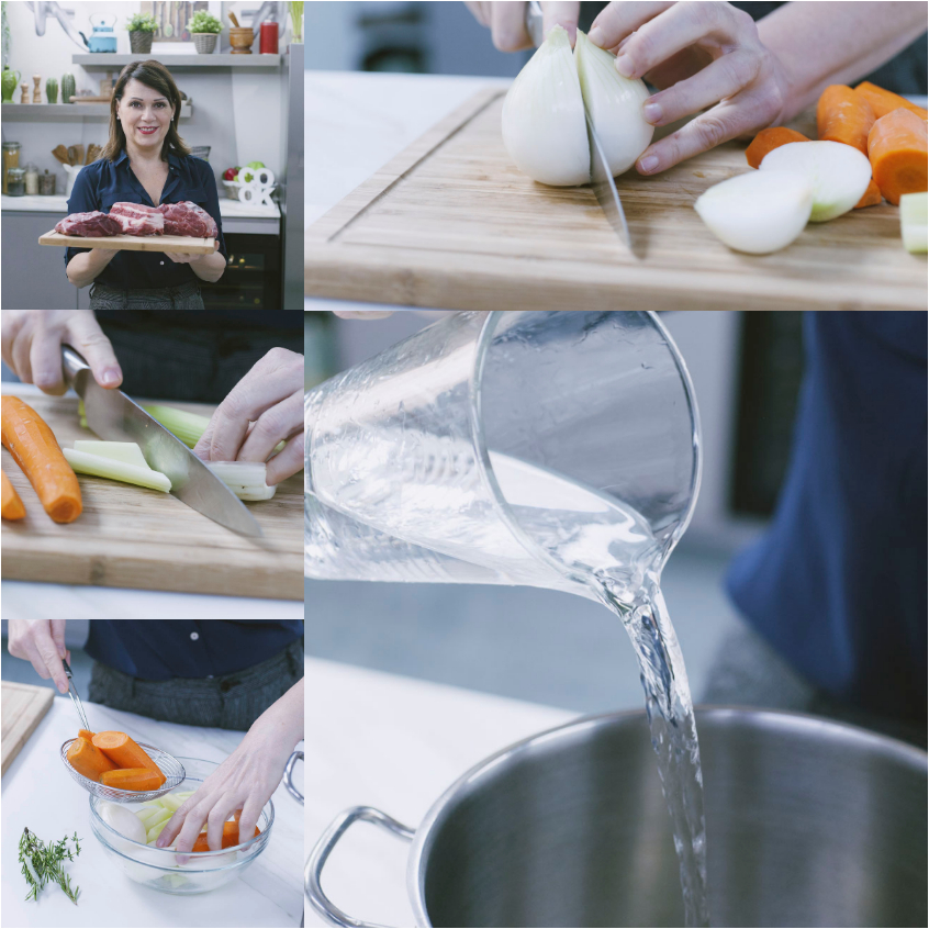 Preparazione del bollito misto: taglio delle verdure e acqua versata in pentola
