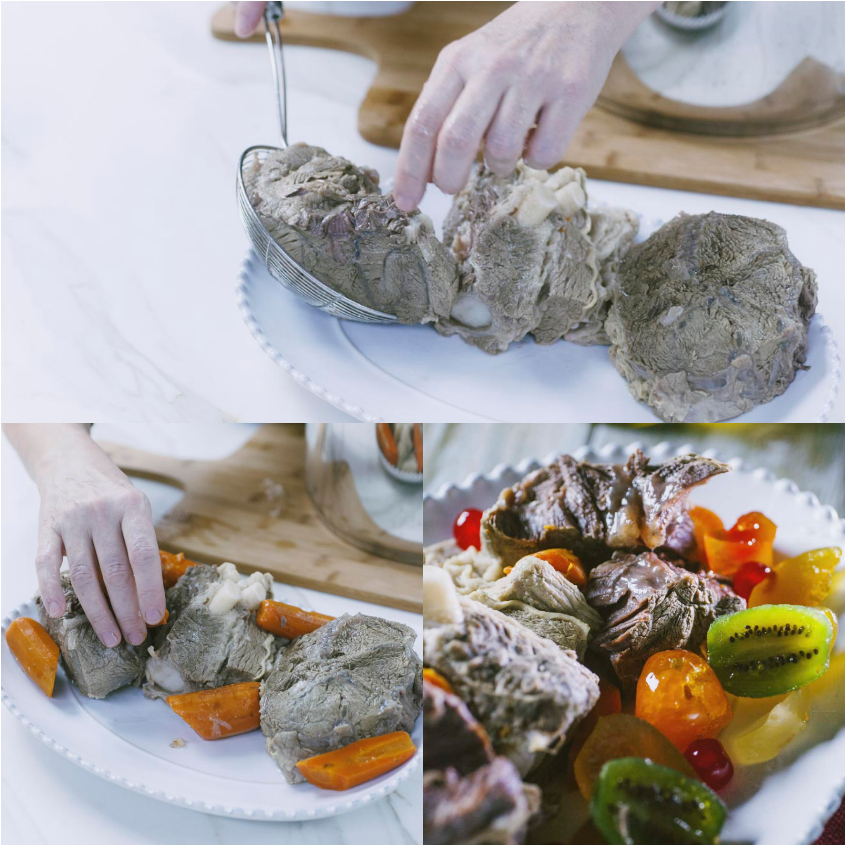 Bollito misto affettato e disposto con carote lessate, mostarda e frutta candita