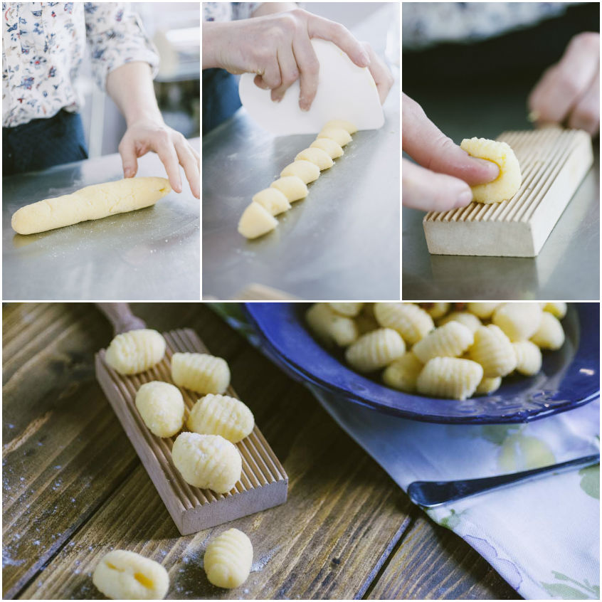 Gnocchi formati sul rigagnocchi: filoncino tagliato a pezzi e rigato col pollice