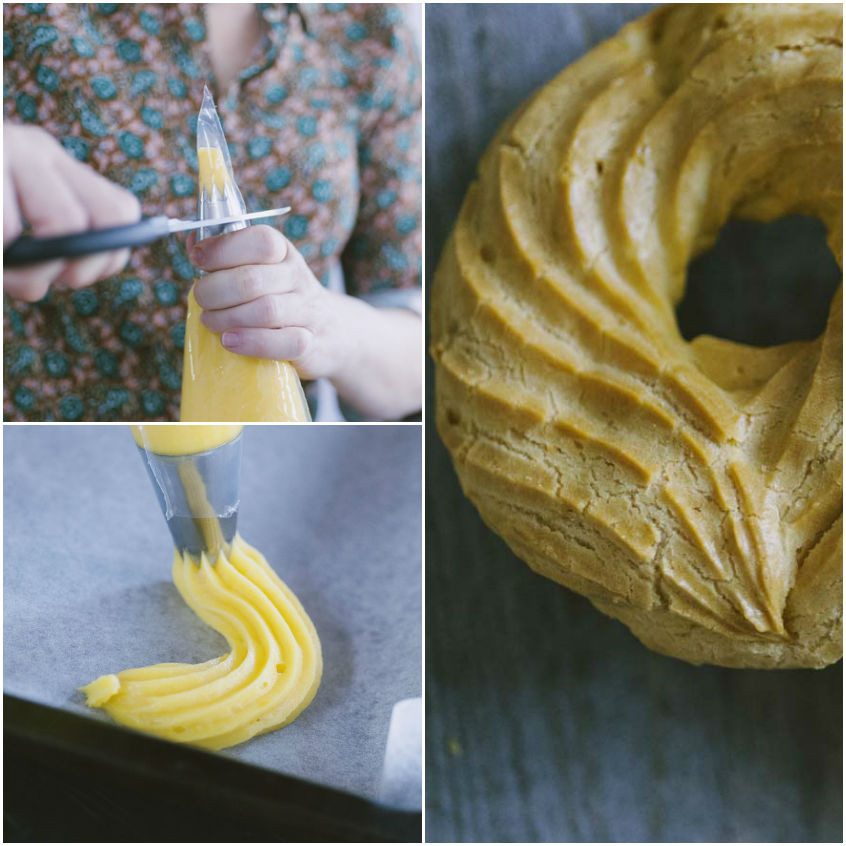 Pasta choux spremuta con sac à poche a formare un ciambellone rigato pronto per la cottura