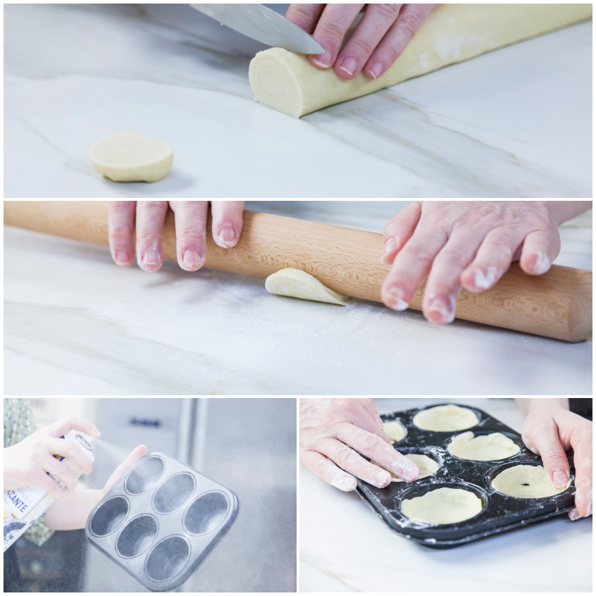 Dischi di pasta sfoglia tagliati, stesi col matterello e adagiati negli stampi da muffin