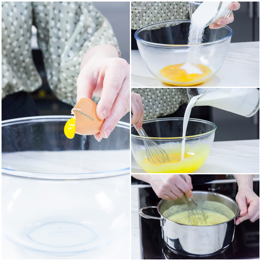 Preparazione della crema inglese: tuorli sbattuti con zucchero, poi panna versata e composto cotto in casseruola