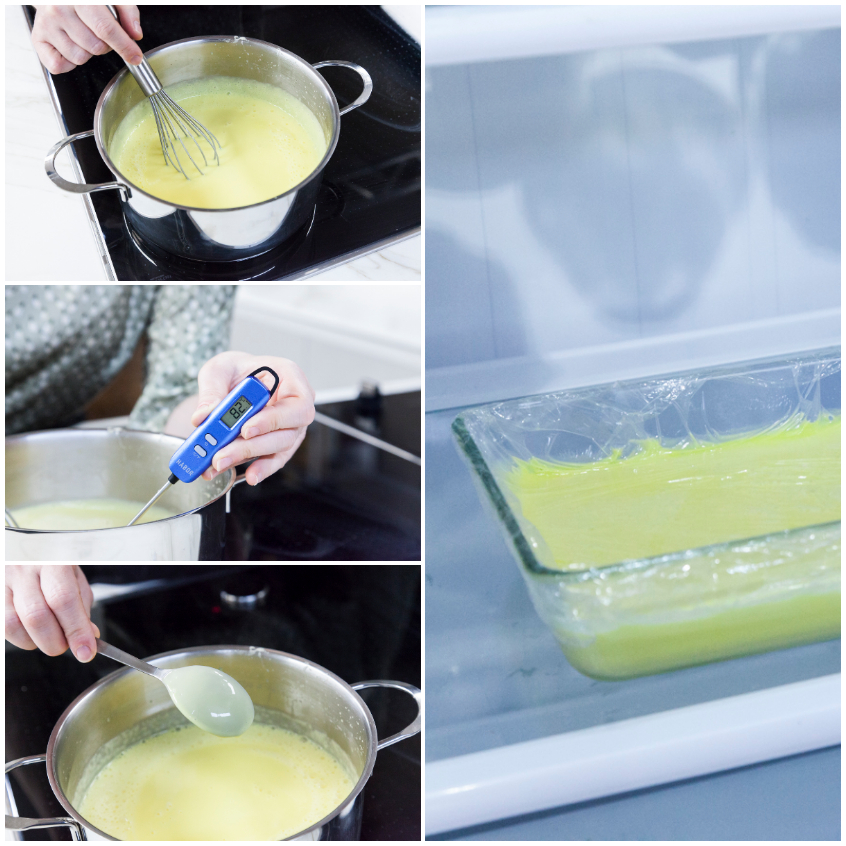 Crema al limone mescolata sul fuoco, poi versata in pirofila e coperta con pellicola in frigorifero