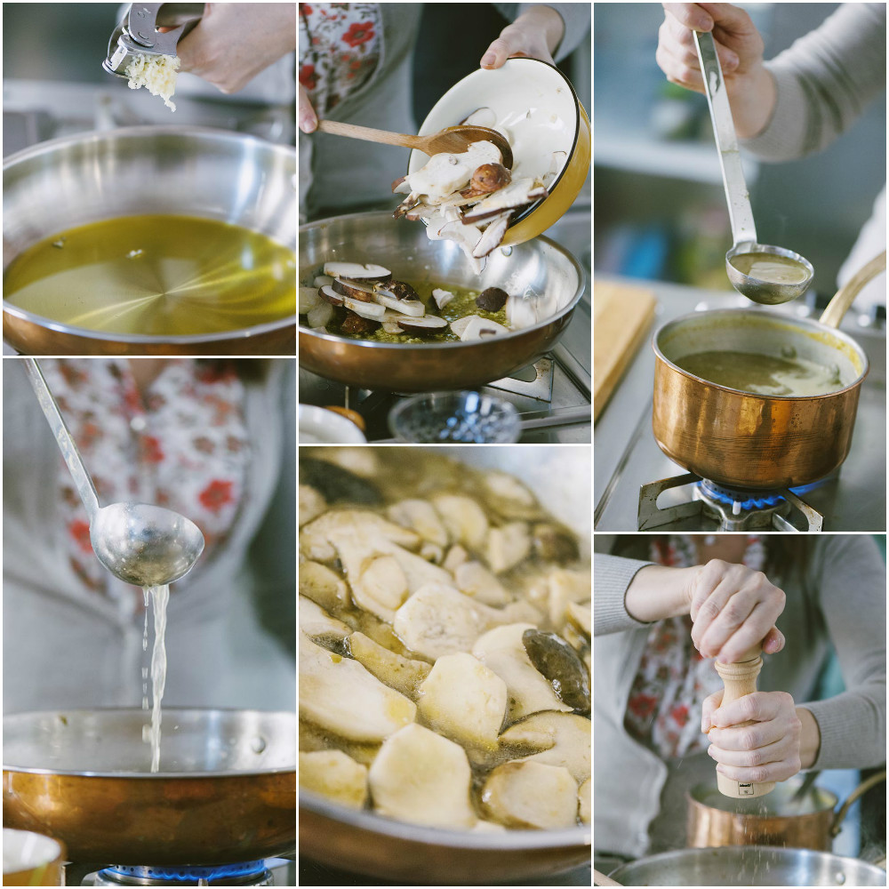 Funghi porcini a fette versati in padella con aglio, brodo aggiunto a mestolo e pepe macinato fresco