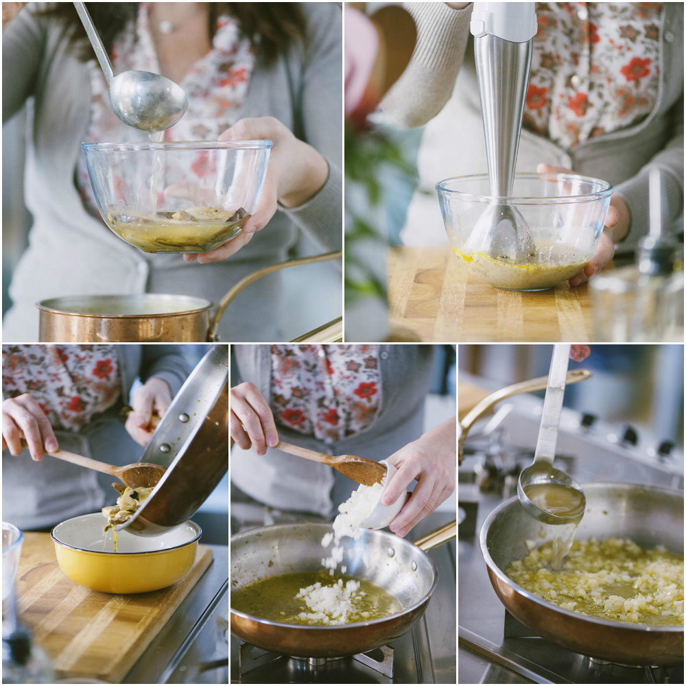 Funghi porcini frullati con un mixer a immersione in una ciotola, poi il riso versato in padella con brodo