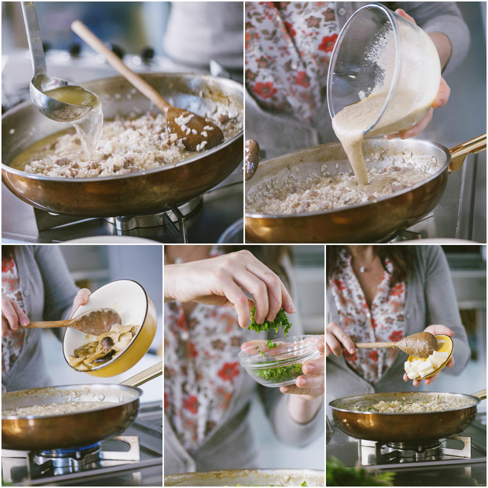 Sequenza di passaggi per mantecare il risotto: brodo versato a mestoli, crema di funghi aggiunta, prezzemolo e burro incorporati
