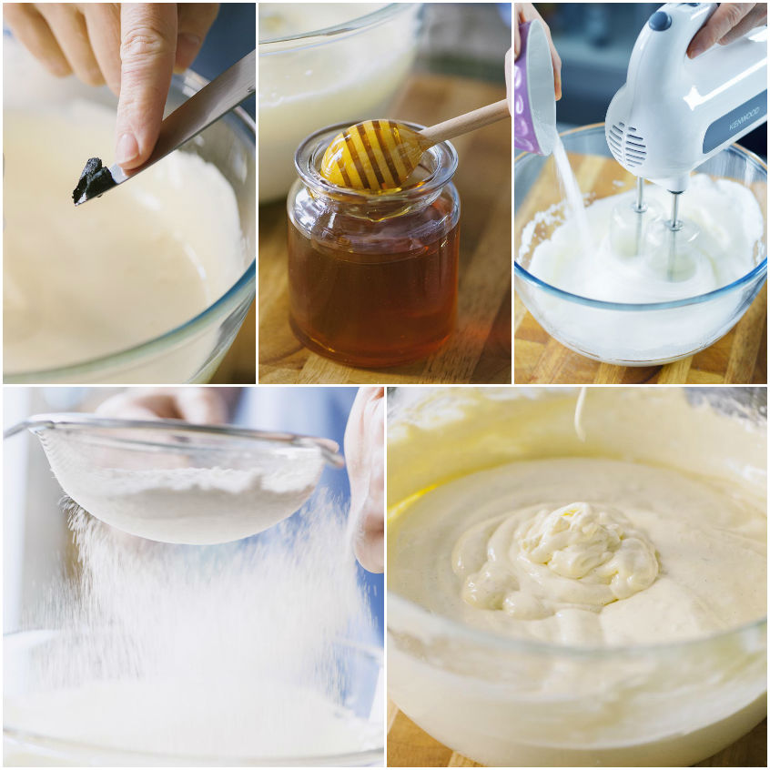 Preparazione della pasta biscotto: uova montate, miele, farina setacciata e panna incorporati in ciotola