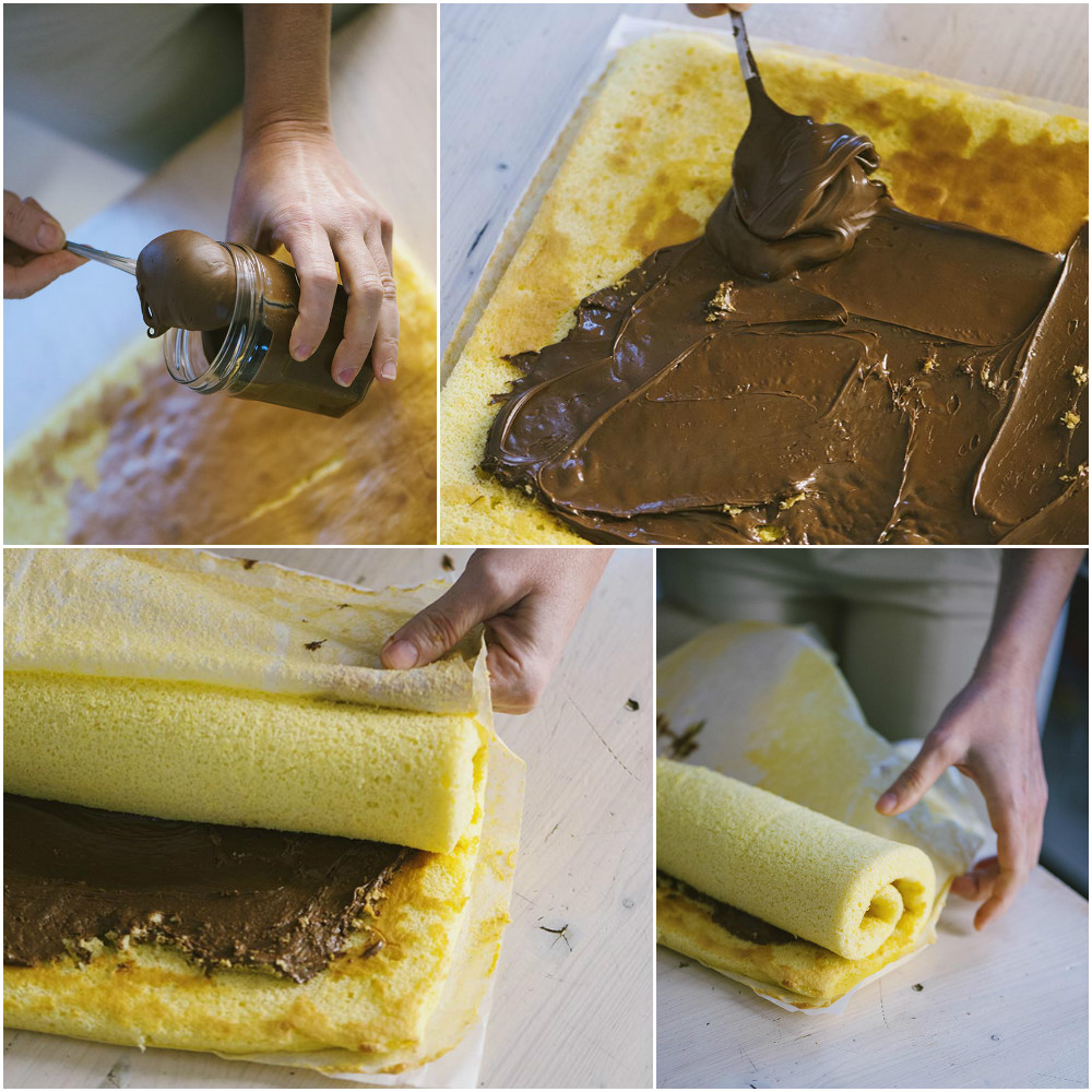 Crema al cioccolato spalmata sul pan di Spagna e arrotolamento del rotolo alla Nutella